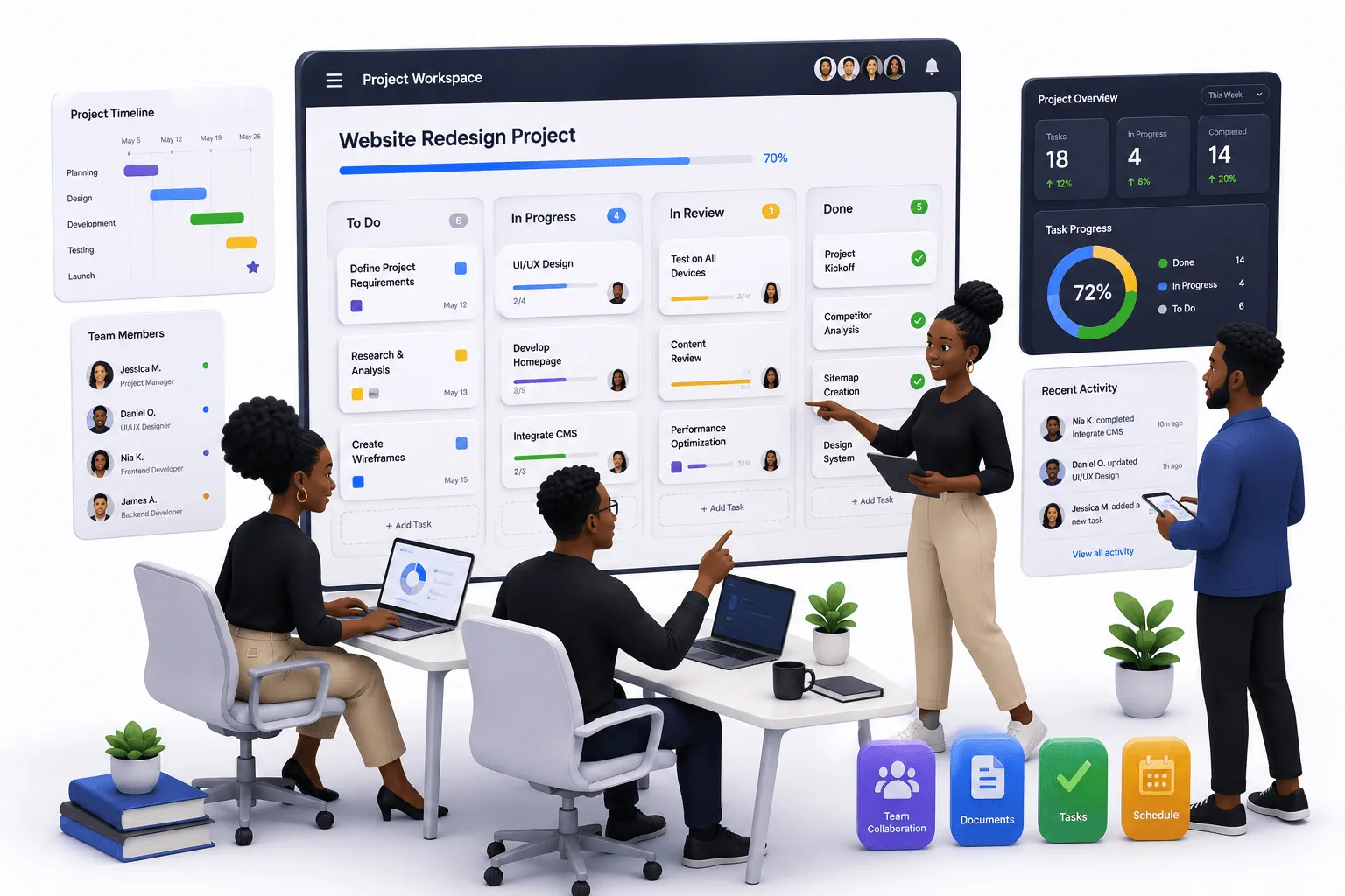 Project Management Tool dashboard showing tasks, timeline, and team activity
