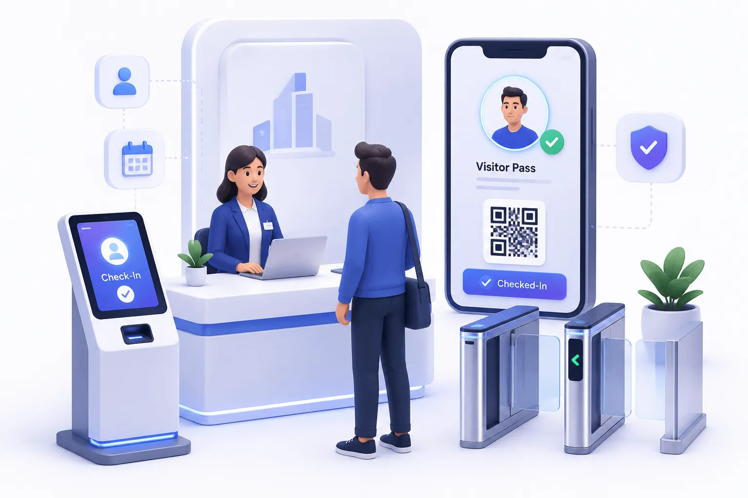 Visitor Management System check-in kiosk, reception desk, and digital visitor pass